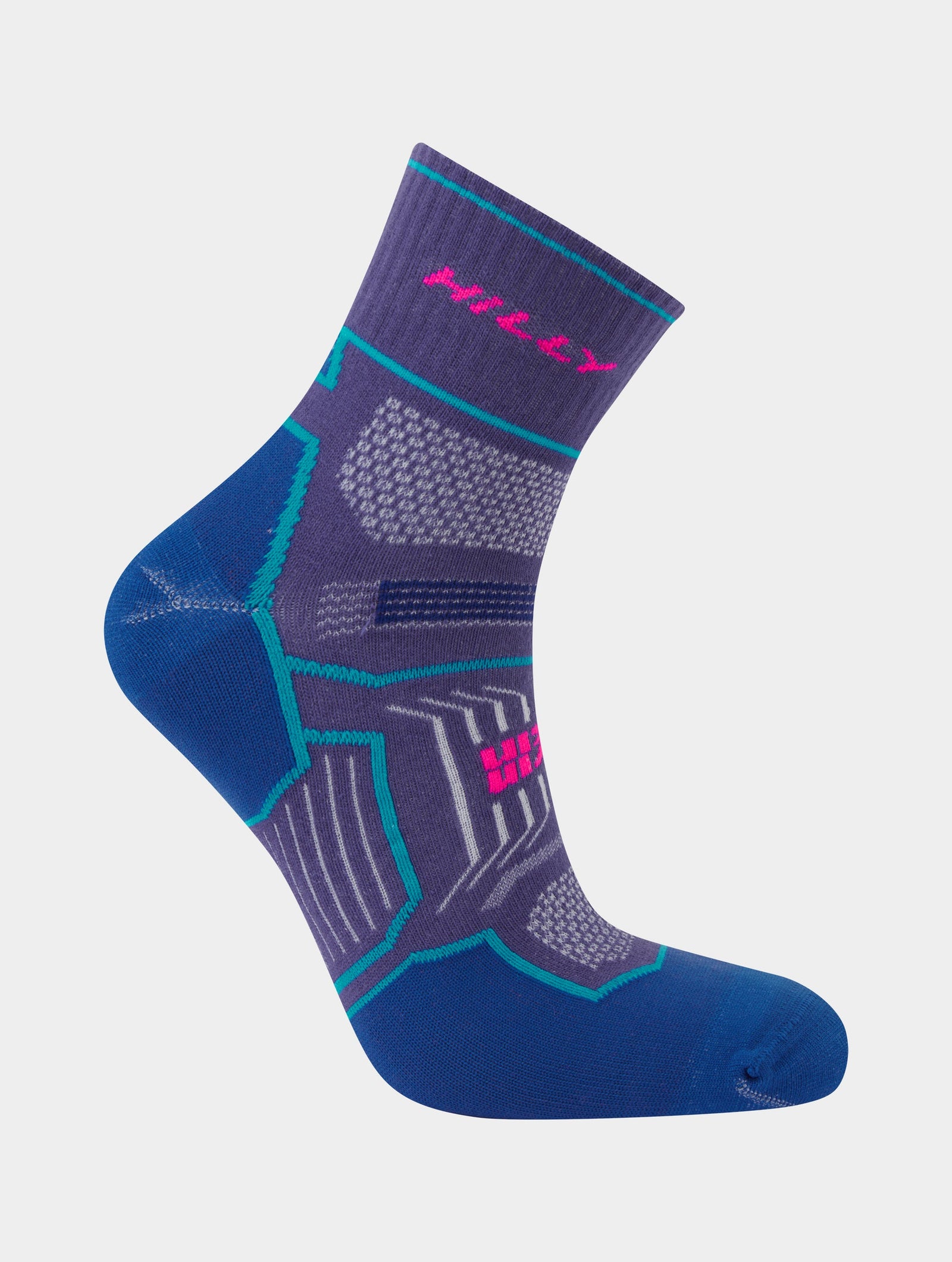 hilly twin skin socks, anti-blister double layered sock for running on a white background, blue and purple colour
