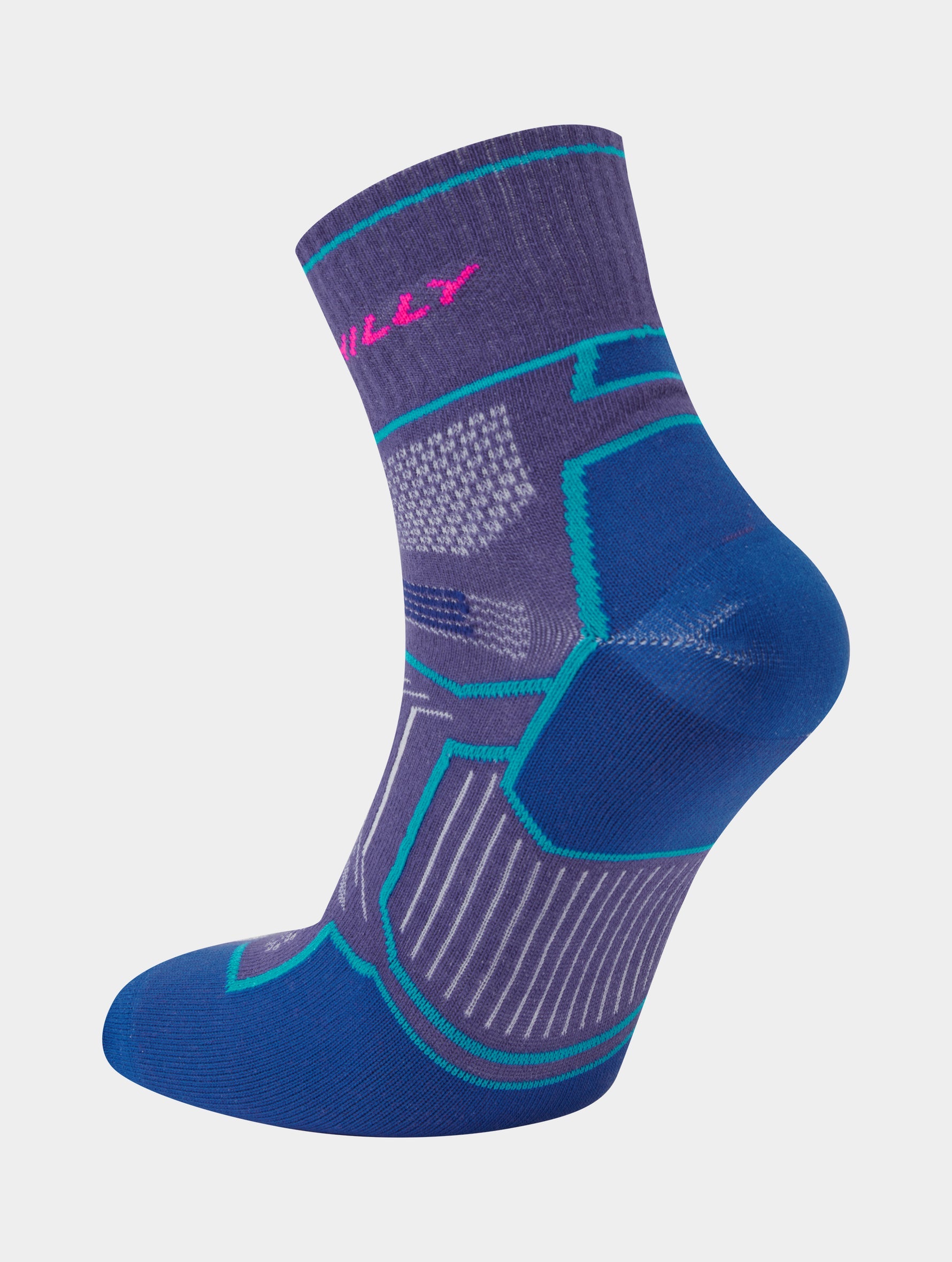 side view of hilly twin skin socks, anti-blister double layered sock for running on a white background, blue and purple colour