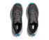 Pair of dark grey hoka waterproof womens hiking shoe with light grey and blue accents looking down