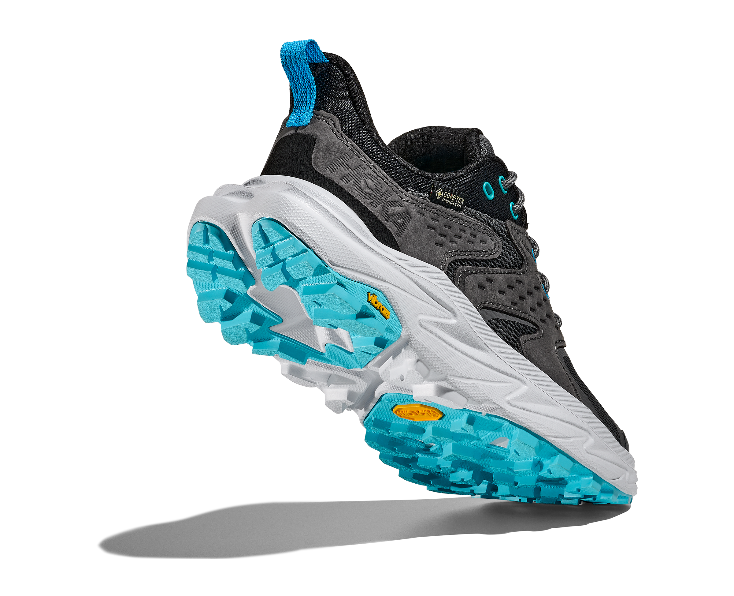 Dark grey hoka waterproof womens hiking shoe with light grey and blue sole and heel focus