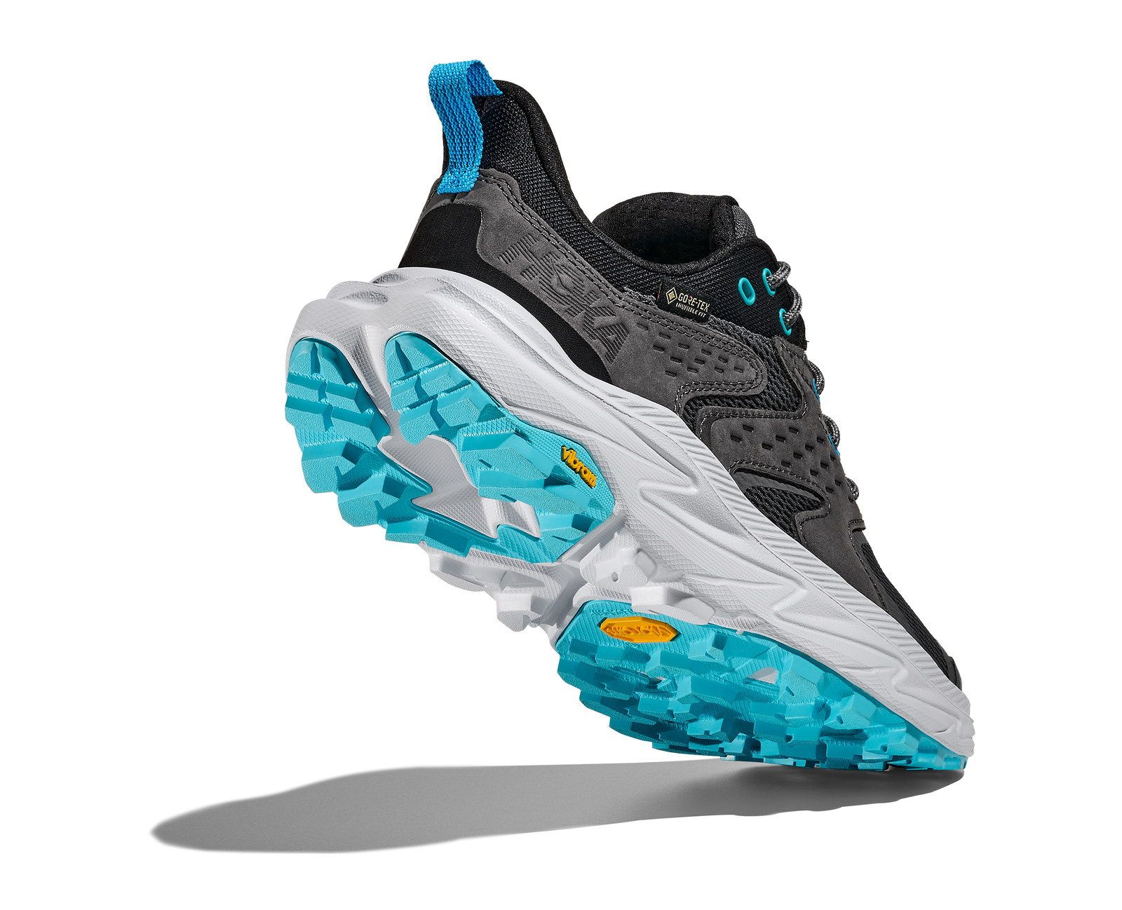 Dark grey hoka waterproof womens hiking shoe with light grey and blue sole and heel focus