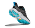 Dark grey hoka waterproof womens hiking shoe with light grey and blue sole and heel focus