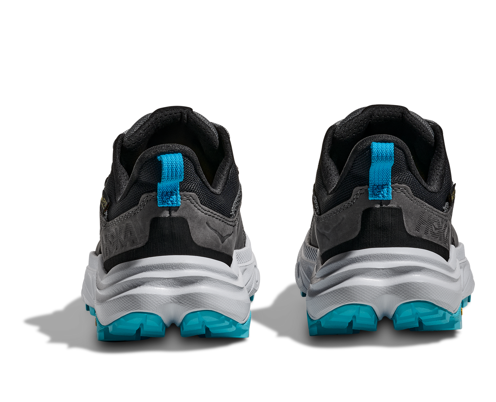 Dark grey hoka waterproof womens hiking shoe with light grey and blue accents on heels