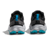 Dark grey hoka waterproof womens hiking shoe with light grey and blue accents on heels