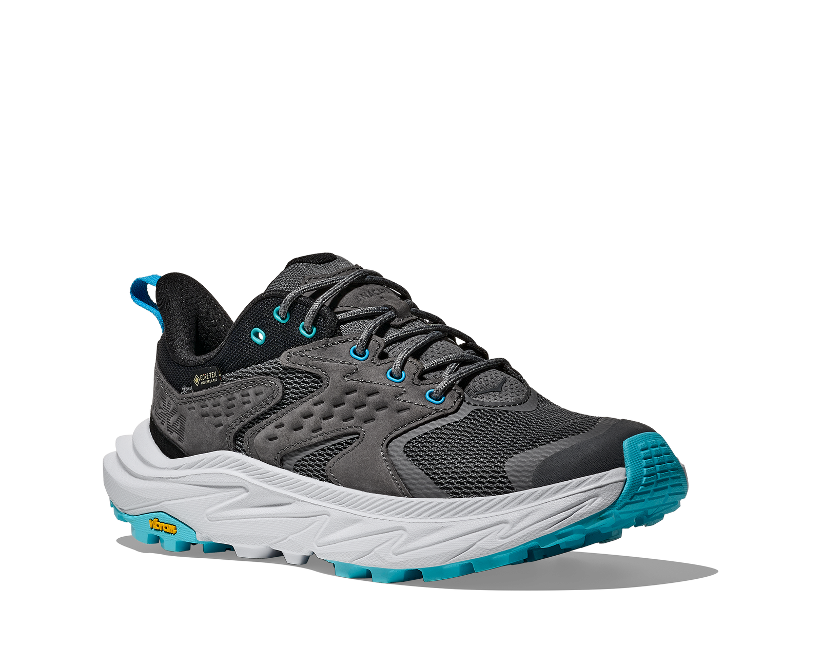 Dark grey hoka waterproof womens hiking shoe with light grey and blue accents