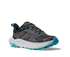 Dark grey hoka waterproof womens hiking shoe with light grey and blue accents