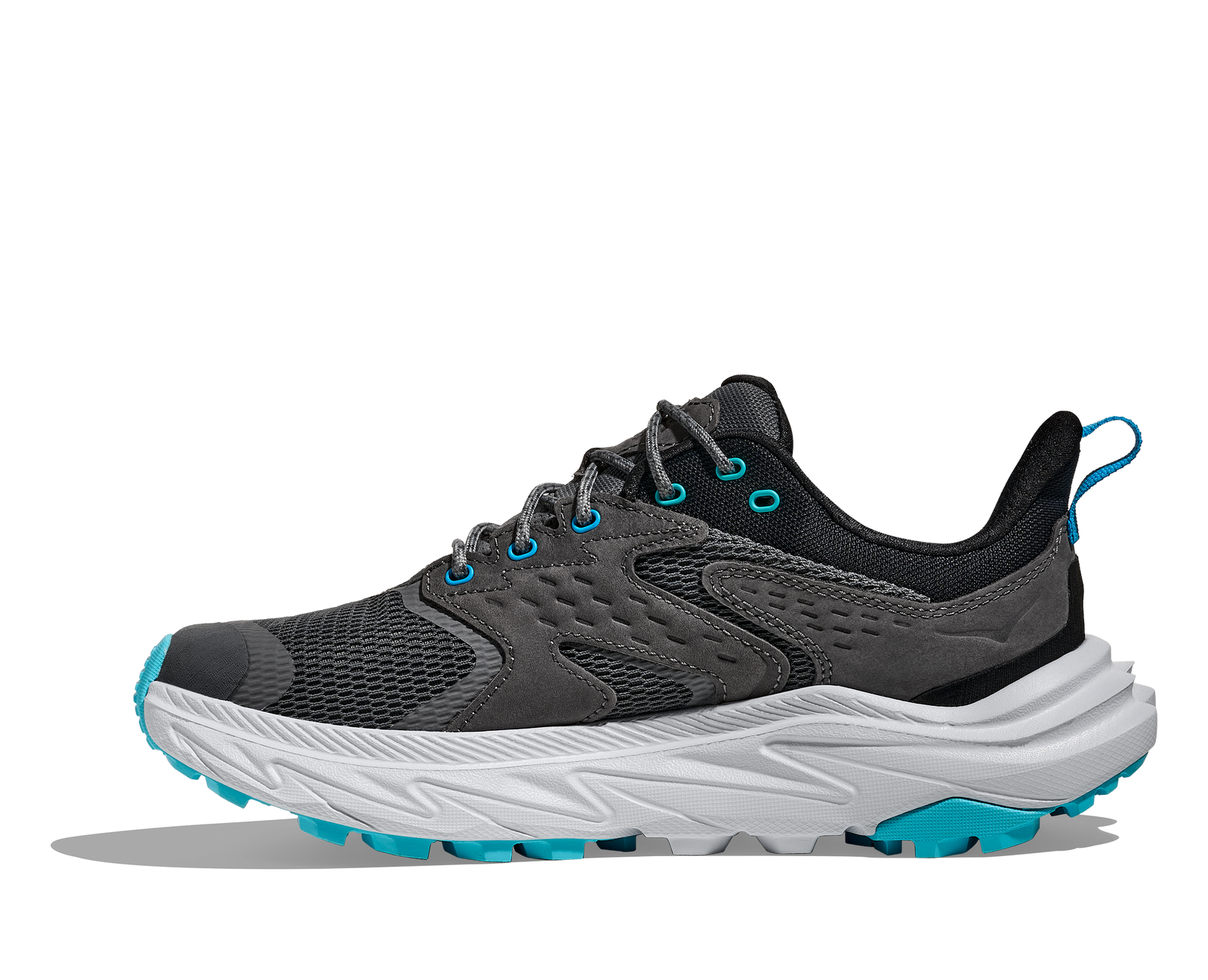 Dark grey hoka waterproof womens hiking shoe with light grey and blue accents inside profile