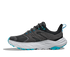 Dark grey hoka waterproof womens hiking shoe with light grey and blue accents inside profile