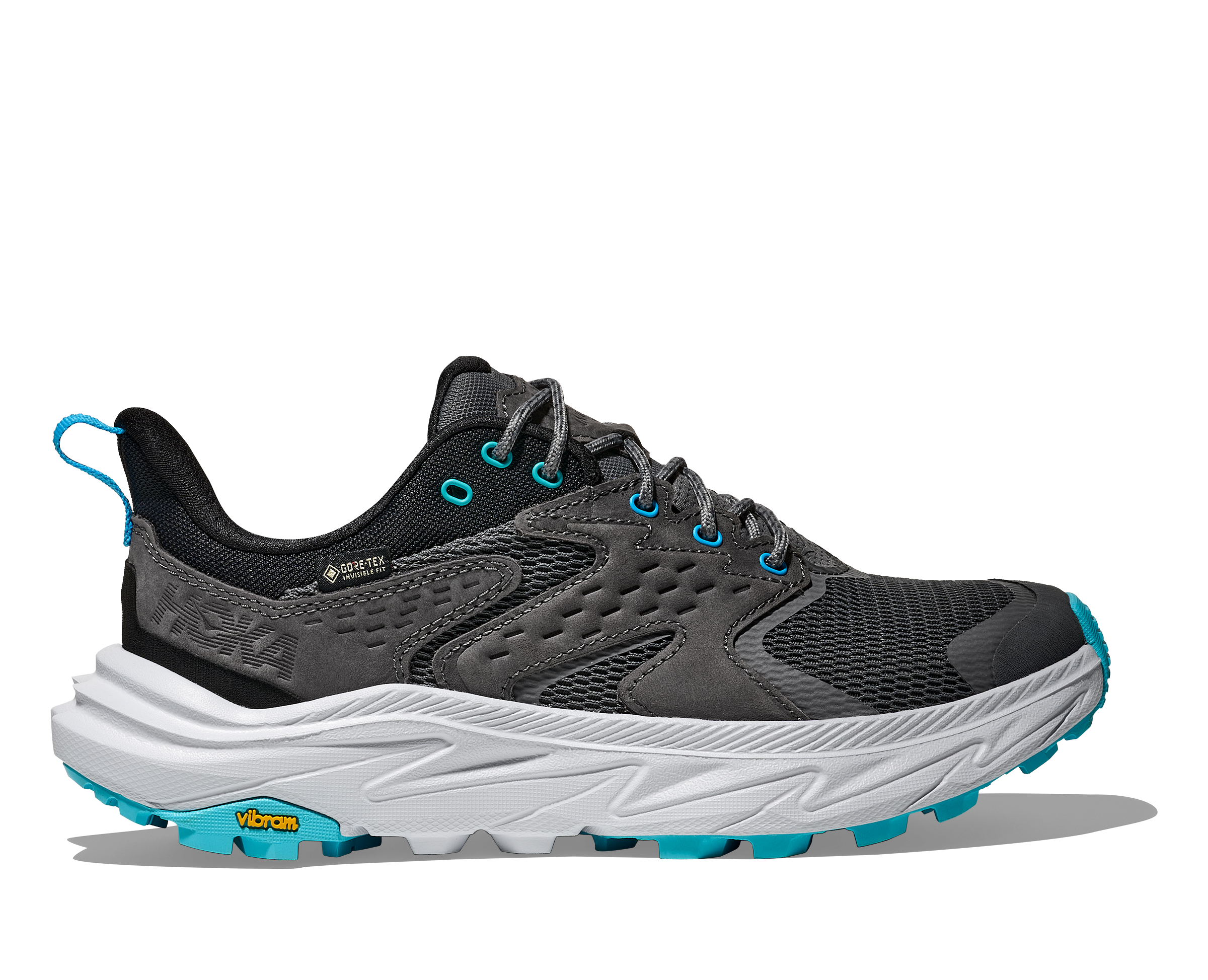 Dark grey hoka waterproof womens hiking shoe with light grey and blue accents