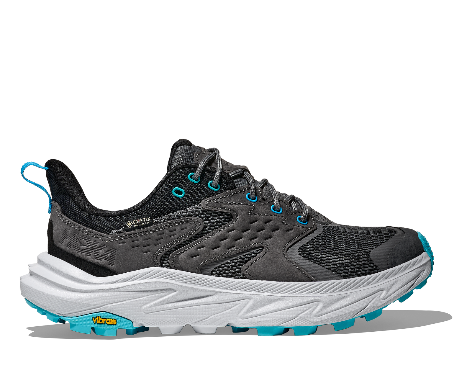Dark grey hoka waterproof womens hiking shoe with light grey and blue accents