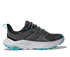 Dark grey hoka waterproof womens hiking shoe with light grey and blue accents