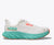 hoka arahi 7 for women, supportive lightweight running shoe, white with teal sole and orange accents, side profile of shoe