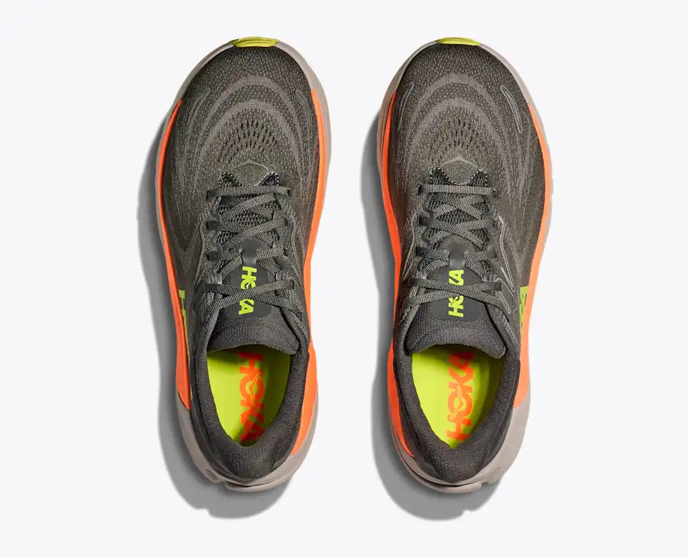 hoka arahi 8 for men, lightweight cushioned running shoe with support to correct overprontaion, dark grey colour with lime green details and orange on sole, top of shoe from above