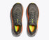 hoka arahi 8 for men, lightweight cushioned running shoe with support to correct overprontaion, dark grey colour with lime green details and orange on sole, top of shoe from above