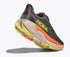 hoka arahi 8 for men, lightweight cushioned running shoe with support to correct overprontaion, dark grey colour with lime green details and orange on sole, raised heel of shoe showing sole