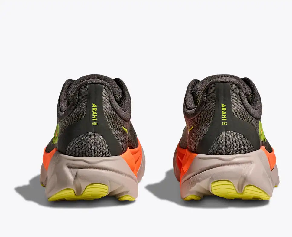 hoka arahi 8 for men, lightweight cushioned running shoe with support to correct overprontaion, dark grey colour with lime green details and orange on sole, heel of shoes