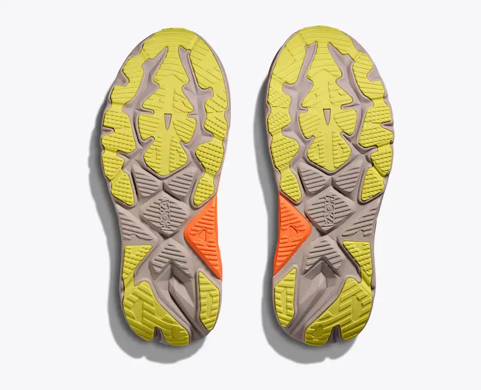 hoka arahi 8 for men, lightweight cushioned running shoe with support to correct overprontaion, dark grey colour with lime green details and orange on sole, bottom side of shoe showing green and grey sole