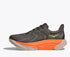 hoka arahi 8 for men, lightweight cushioned running shoe with support to correct overprontaion, dark grey colour with lime green details and orange on sole, inside profile of shoe