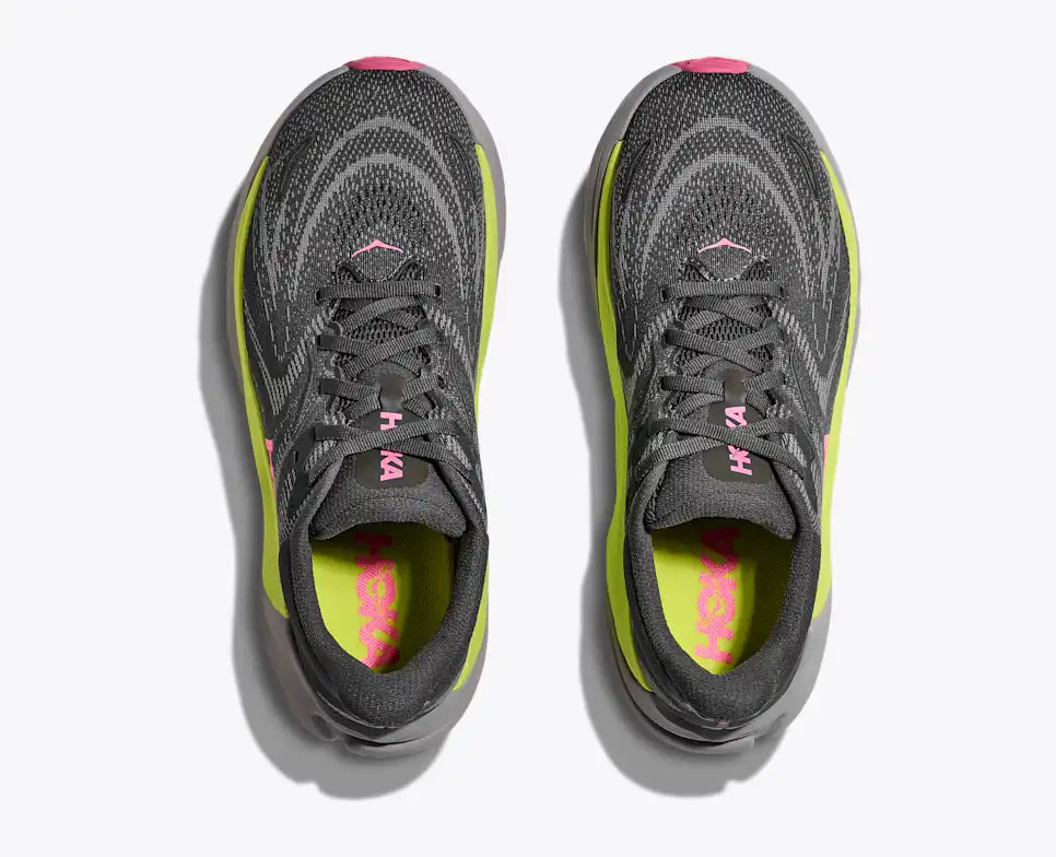 hoka arahi 8 for women, lightweight cushioned support shoe for overpronation when running, dark grey colour with pink details and lime green and grey sole, top view of pair of hoka runners