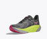 hoka arahi 8 for women, lightweight cushioned support shoe for overpronation when running, dark grey colour with pink details and lime green and grey sole, inside angled profile of shoe