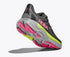 hoka arahi 8 for women, lightweight cushioned support shoe for overpronation when running, dark grey colour with pink details and lime green and grey sole, lifted heel of shoe showing sole