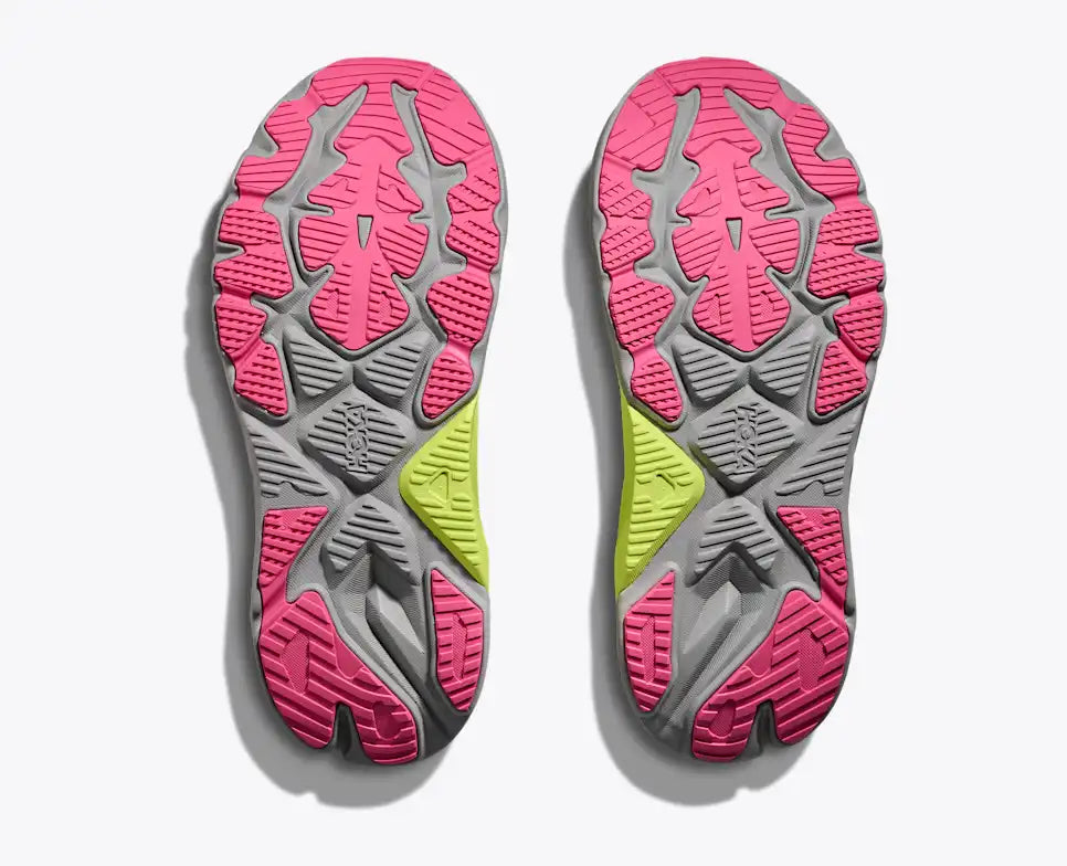 hoka arahi 8 for women, lightweight cushioned support shoe for overpronation when running, dark grey colour with pink details and lime green and grey sole, sole of shoes