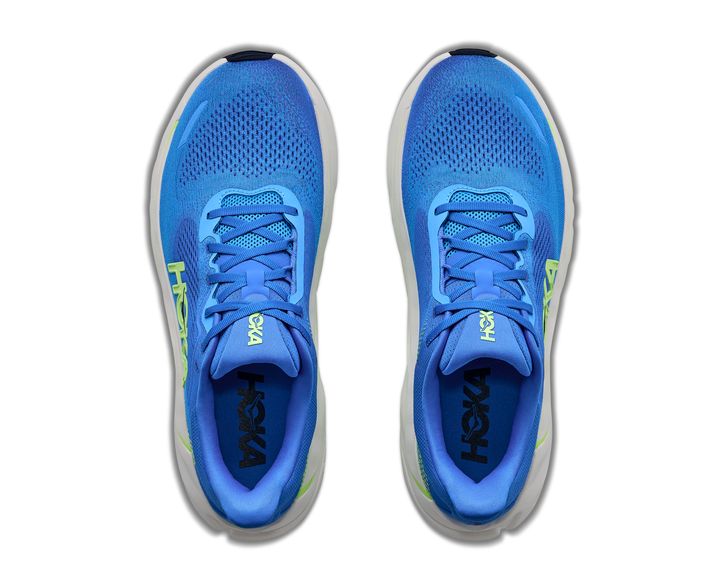 hoka arahi 9 mens, lightweight supportive road running and walking shoe for overpronation, royal blue with white sole and lime green detials, top down view of shoes