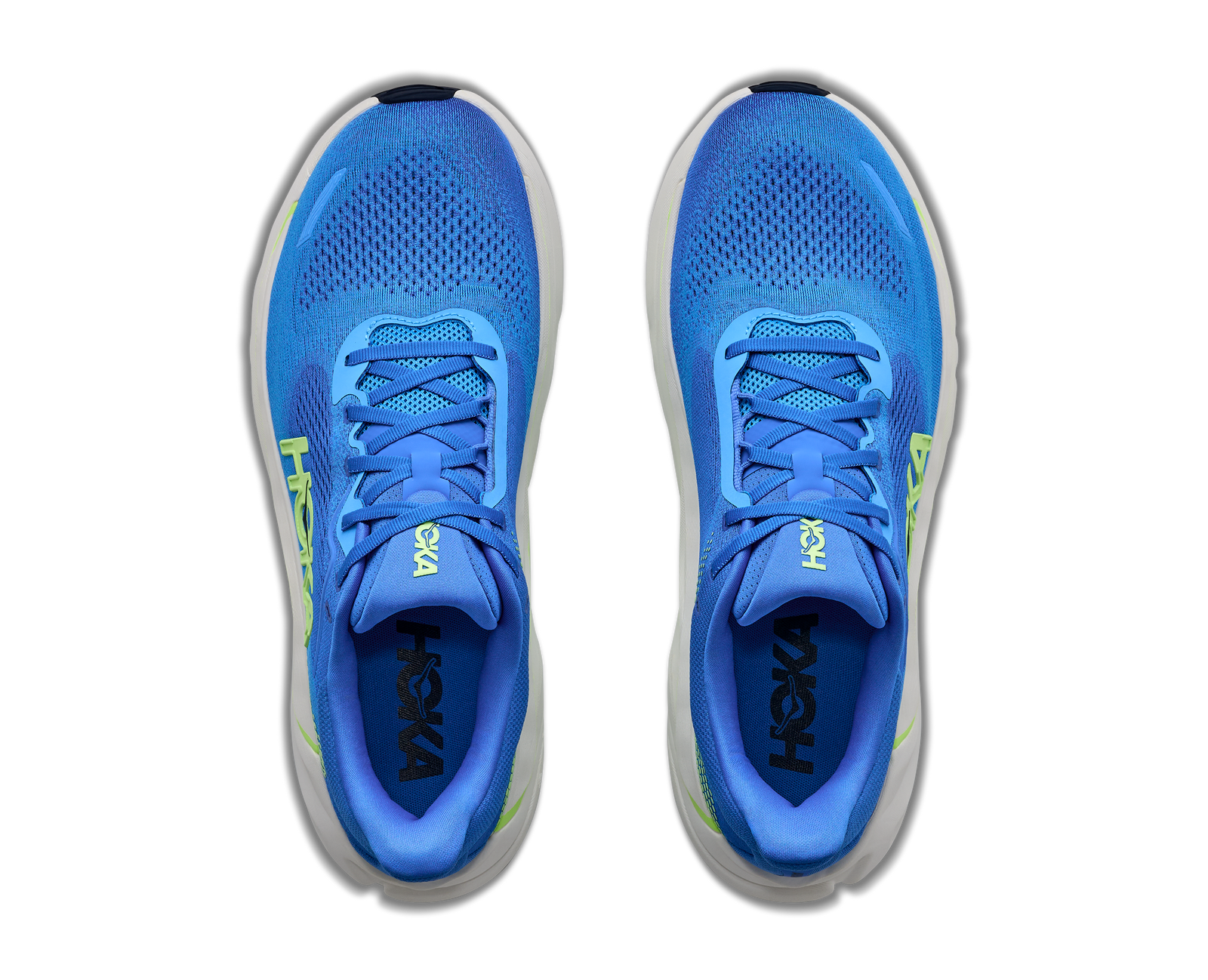 hoka arahi 9 mens, lightweight supportive road running and walking shoe for overpronation, royal blue with white sole and lime green detials, top down view of shoes