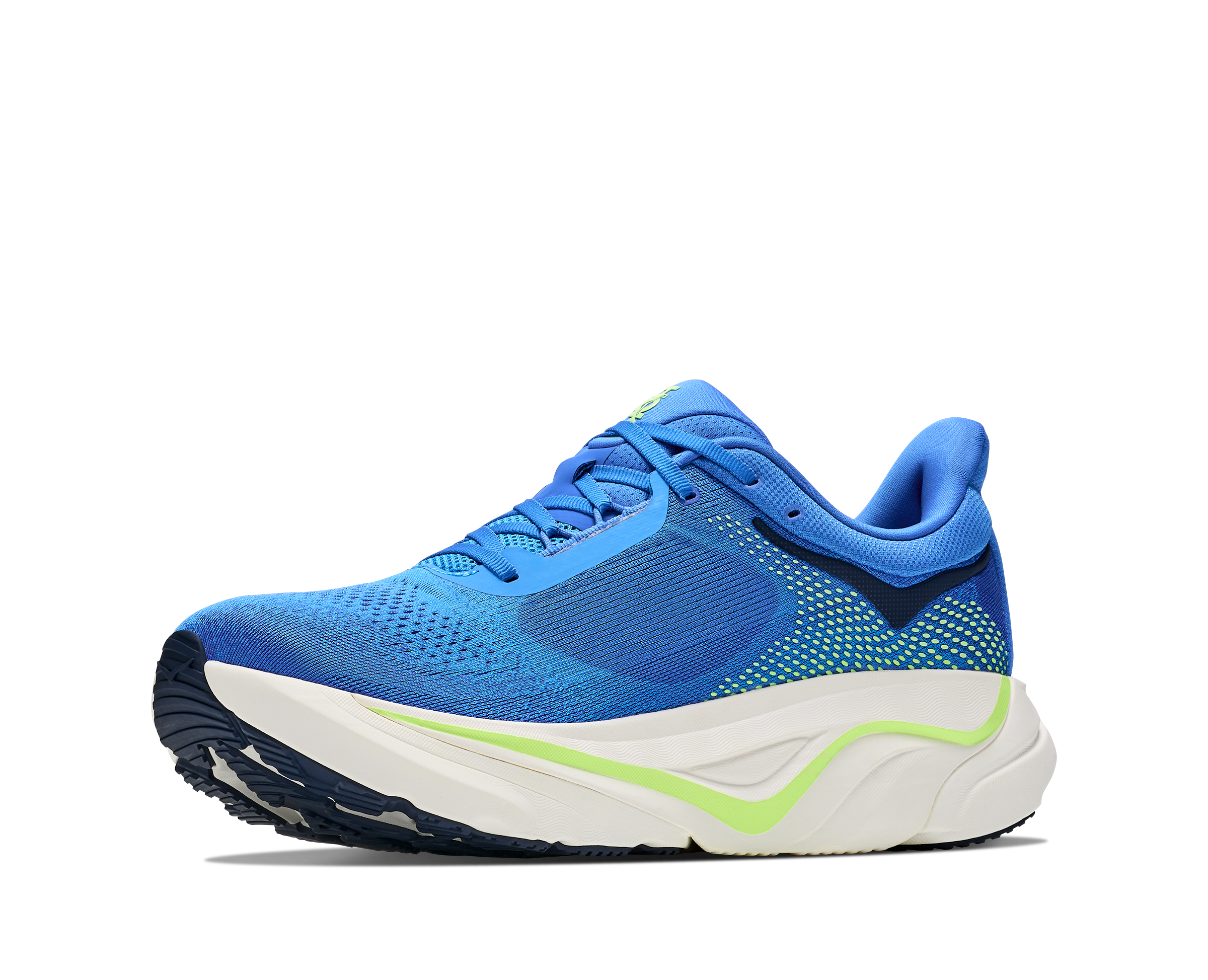 hoka arahi 9 mens, lightweight supportive road running and walking shoe for overpronation, royal blue with white sole and lime green detials, inside angled profile of shoe