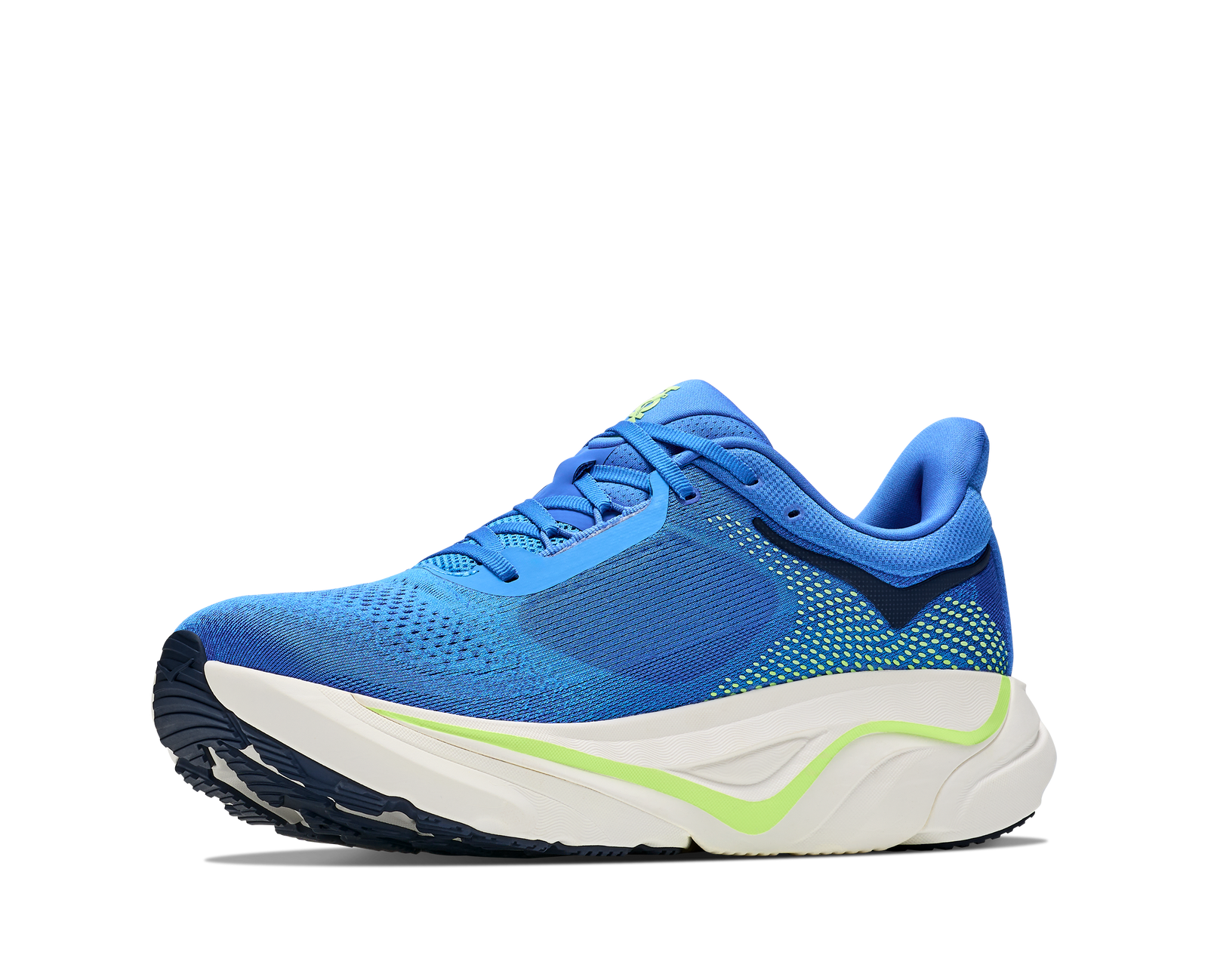 hoka arahi 9 mens, lightweight supportive road running and walking shoe for overpronation, royal blue with white sole and lime green detials, inside angled profile of shoe