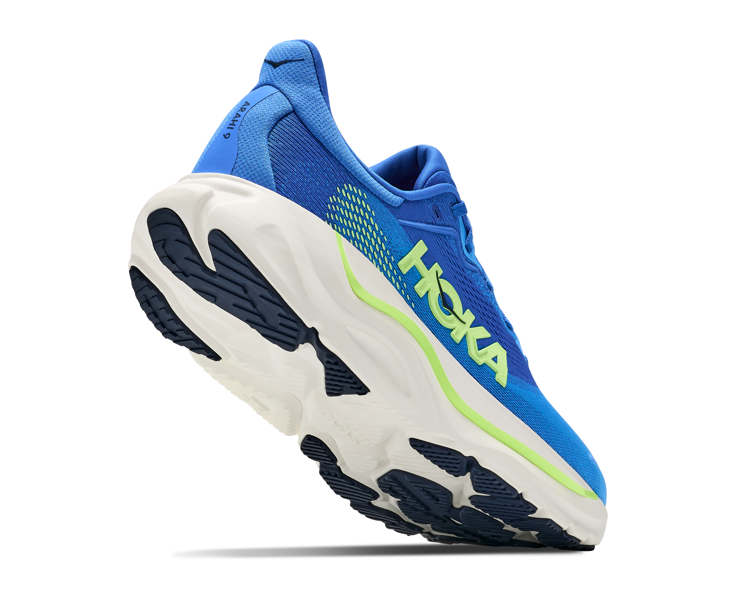 hoka arahi 9 mens, lightweight supportive road running and walking shoe for overpronation, royal blue with white sole and lime green detials, lifted heel of shoe showing sole 