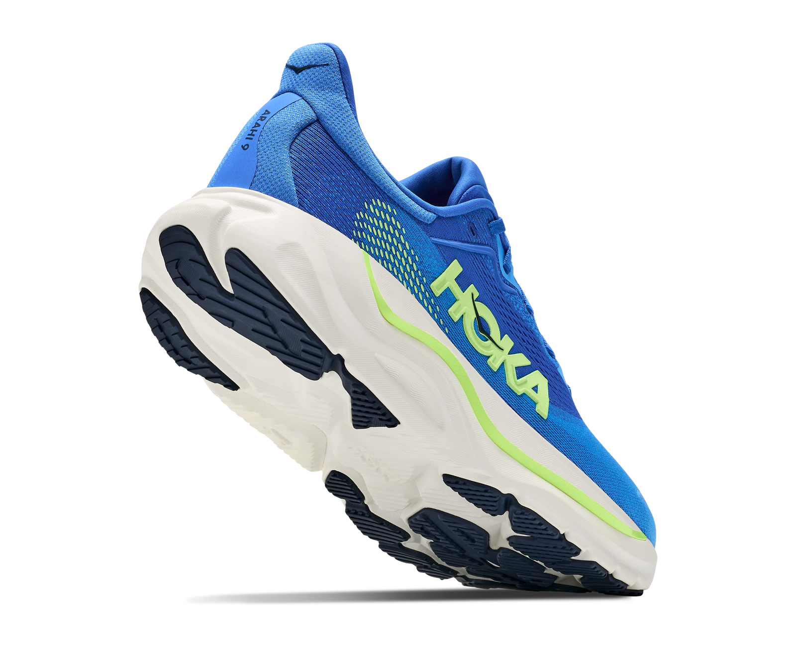 hoka arahi 9 mens, lightweight supportive road running and walking shoe for overpronation, royal blue with white sole and lime green detials, lifted heel of shoe showing sole 