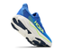 hoka arahi 9 mens, lightweight supportive road running and walking shoe for overpronation, royal blue with white sole and lime green detials, lifted heel of shoe showing sole 