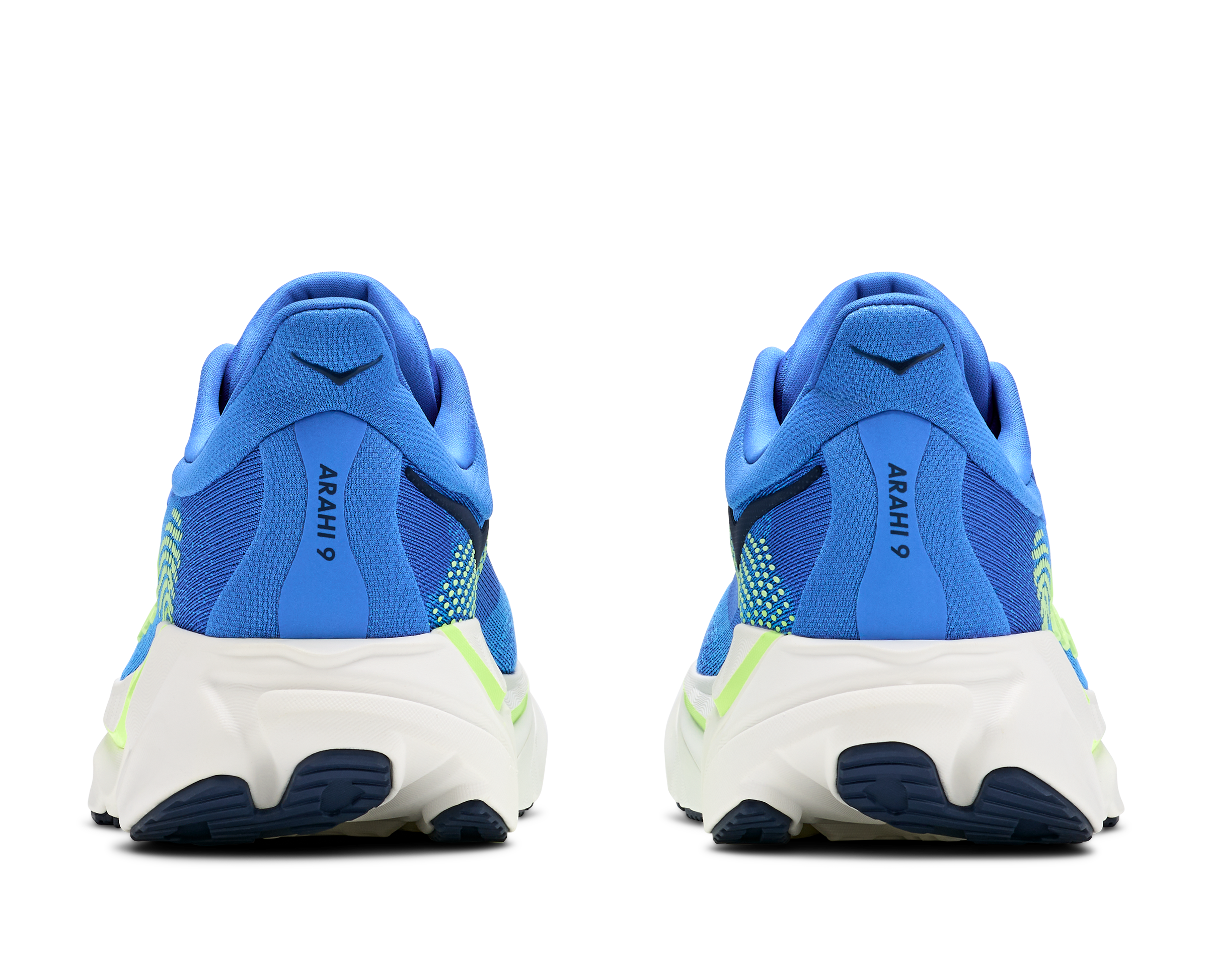 hoka arahi 9 mens, lightweight supportive road running and walking shoe for overpronation, royal blue with white sole and lime green detials, heels of shoe
