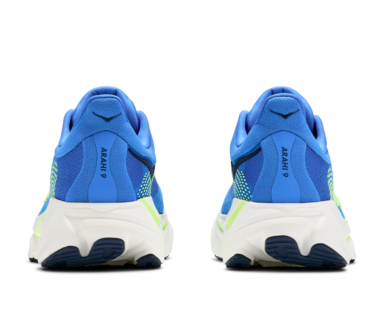 hoka arahi 9 mens, lightweight supportive road running and walking shoe for overpronation, royal blue with white sole and lime green detials, heels of shoe