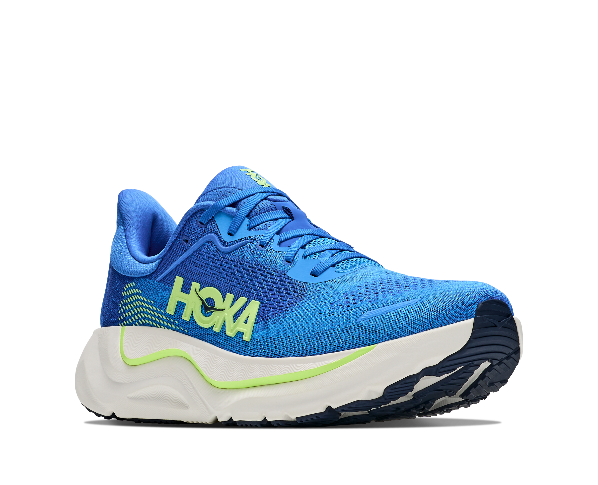hoka arahi 9 mens, lightweight supportive road running and walking shoe for overpronation, royal blue with white sole and lime green detials, side angled profile of shoe