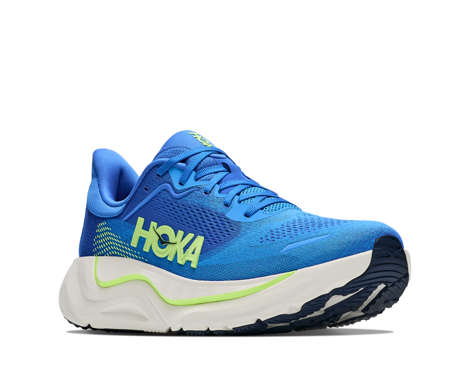 hoka arahi 9 mens, lightweight supportive road running and walking shoe for overpronation, royal blue with white sole and lime green detials, side angled profile of shoe
