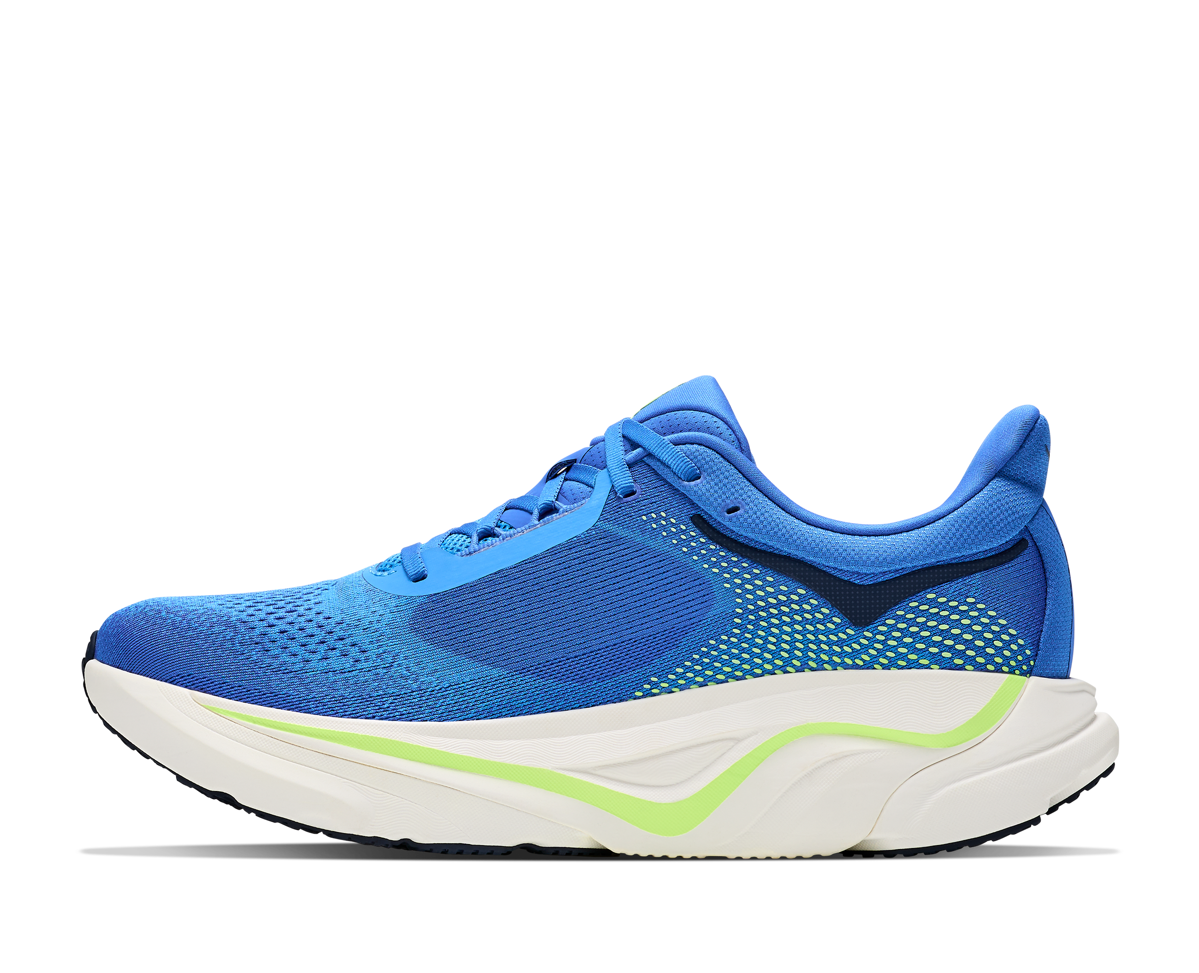 hoka arahi 9 mens, lightweight supportive road running and walking shoe for overpronation, royal blue with white sole and lime green detials, inside profile of shoe