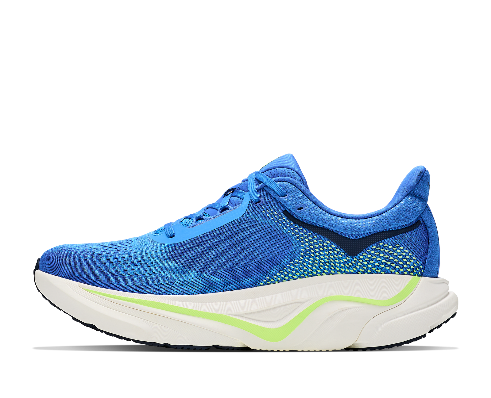 hoka arahi 9 mens, lightweight supportive road running and walking shoe for overpronation, royal blue with white sole and lime green detials, inside profile of shoe