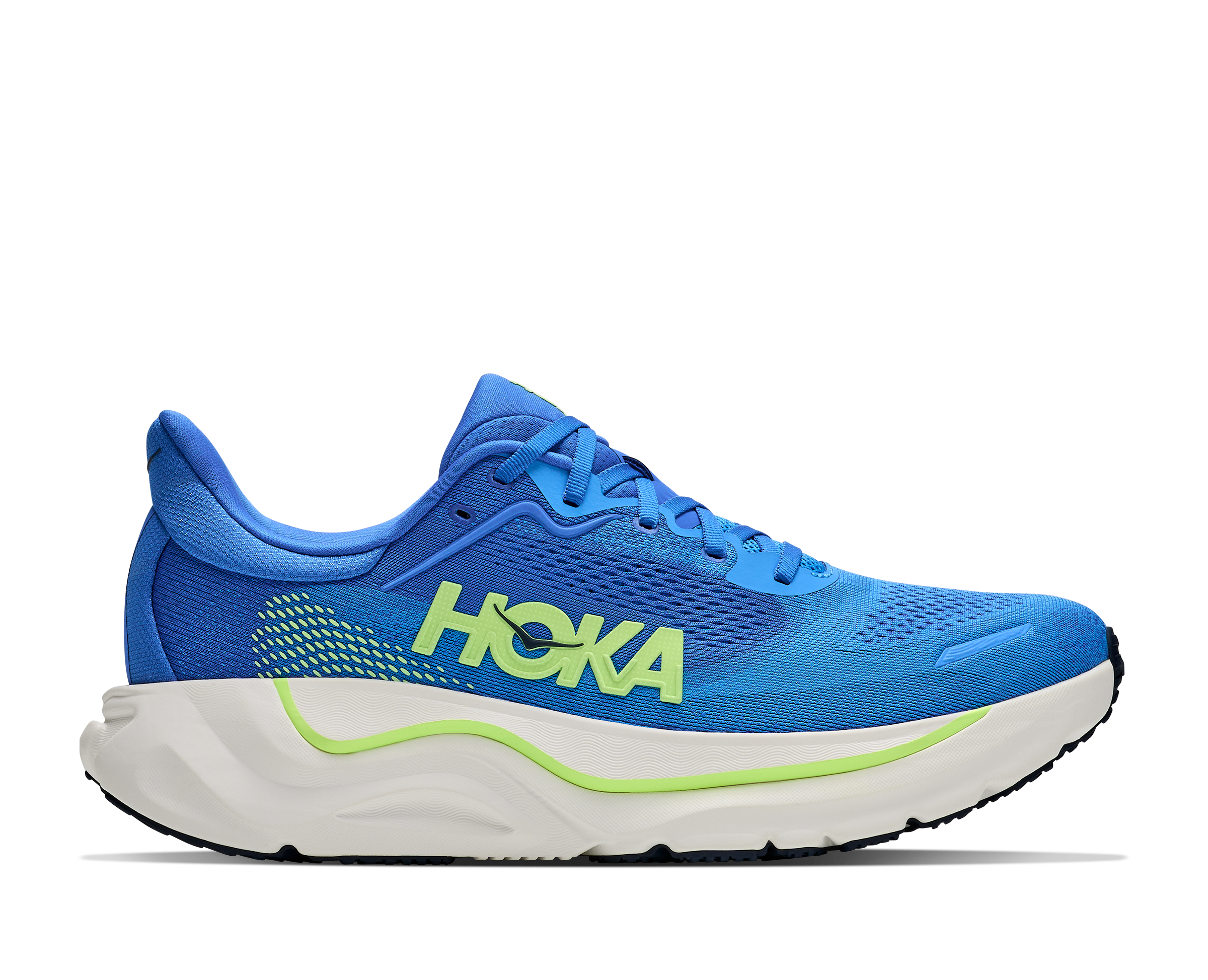 hoka arahi 9 mens, lightweight supportive road running and walking shoe for overpronation, royal blue with white sole and lime green detials, side profile of shoe