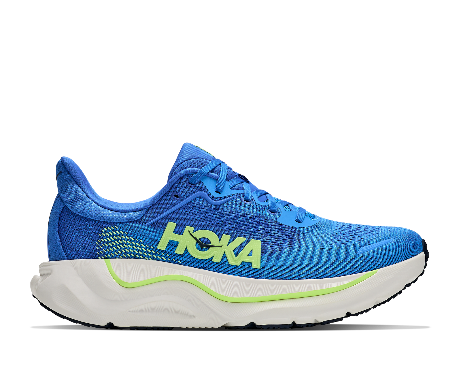 hoka arahi 9 mens, lightweight supportive road running and walking shoe for overpronation, royal blue with white sole and lime green detials, side profile of shoe