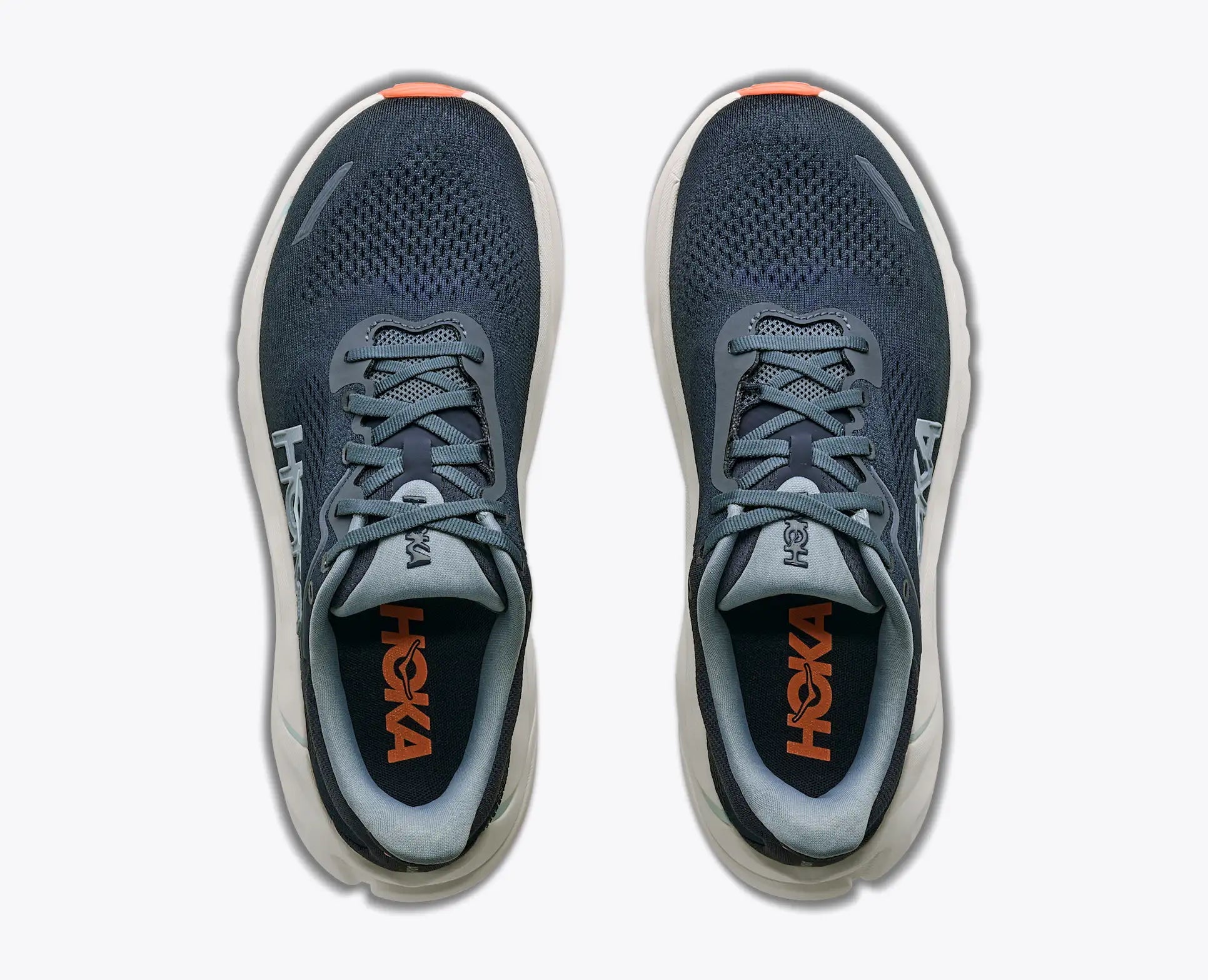Hoka Arahi 9 Women's, super lightweight support running and walking shoe, navy shoe with light blue and orange details and white sole, top down view of shoes