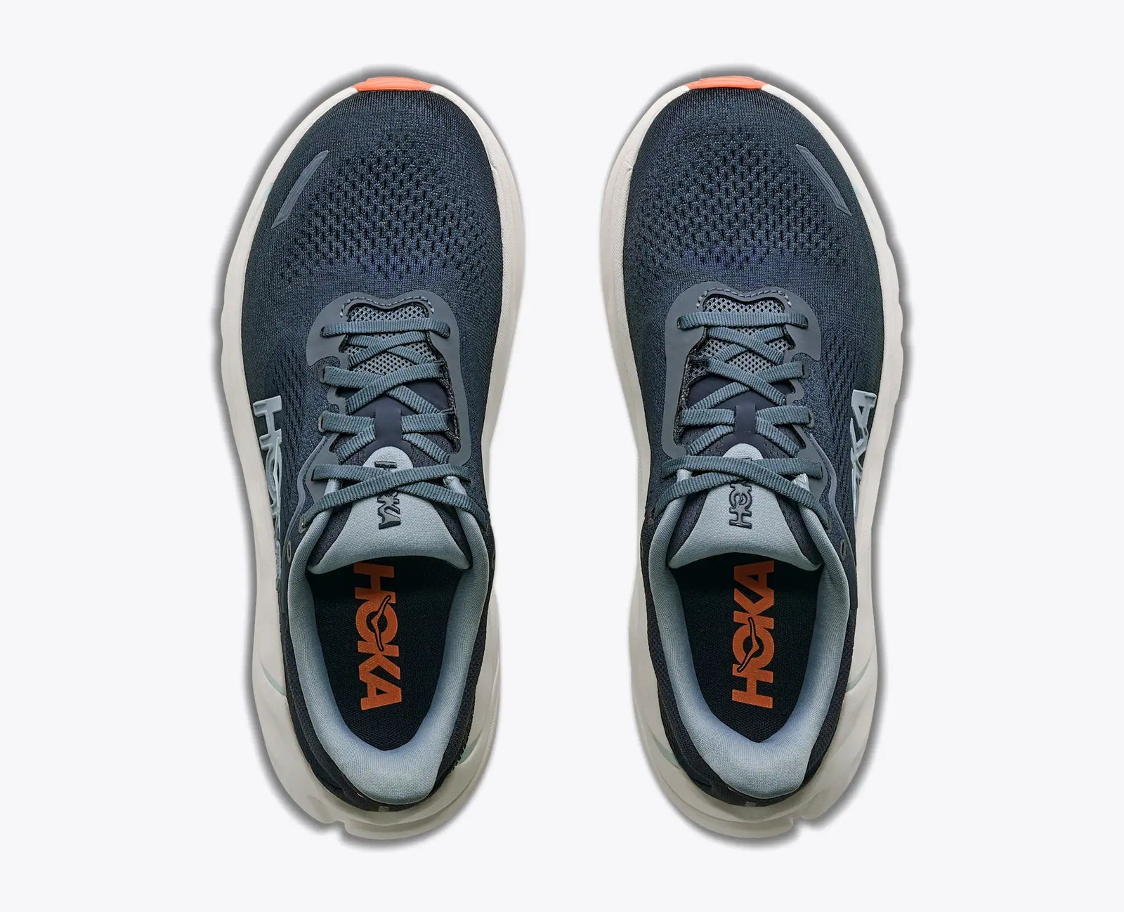 Hoka Arahi 9 Women's, super lightweight support running and walking shoe, navy shoe with light blue and orange details and white sole, top down view of shoes