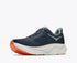 Hoka Arahi 9 Women's, super lightweight support running and walking shoe, navy shoe with light blue and orange details and white sole, angled inside profile of shoe