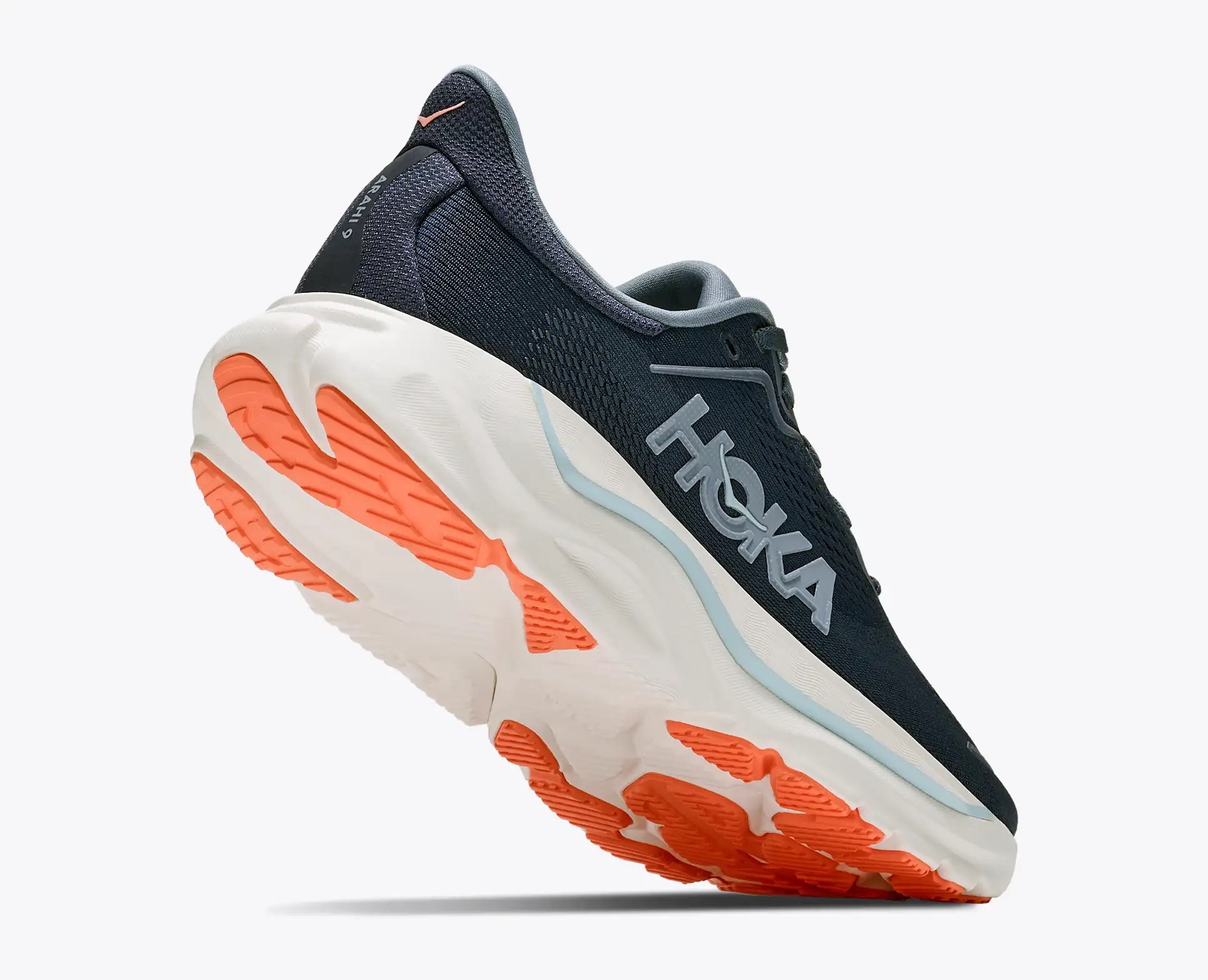 Hoka Arahi 9 Women's, super lightweight support running and walking shoe, navy shoe with light blue and orange details and white sole, lifted heel of shoe