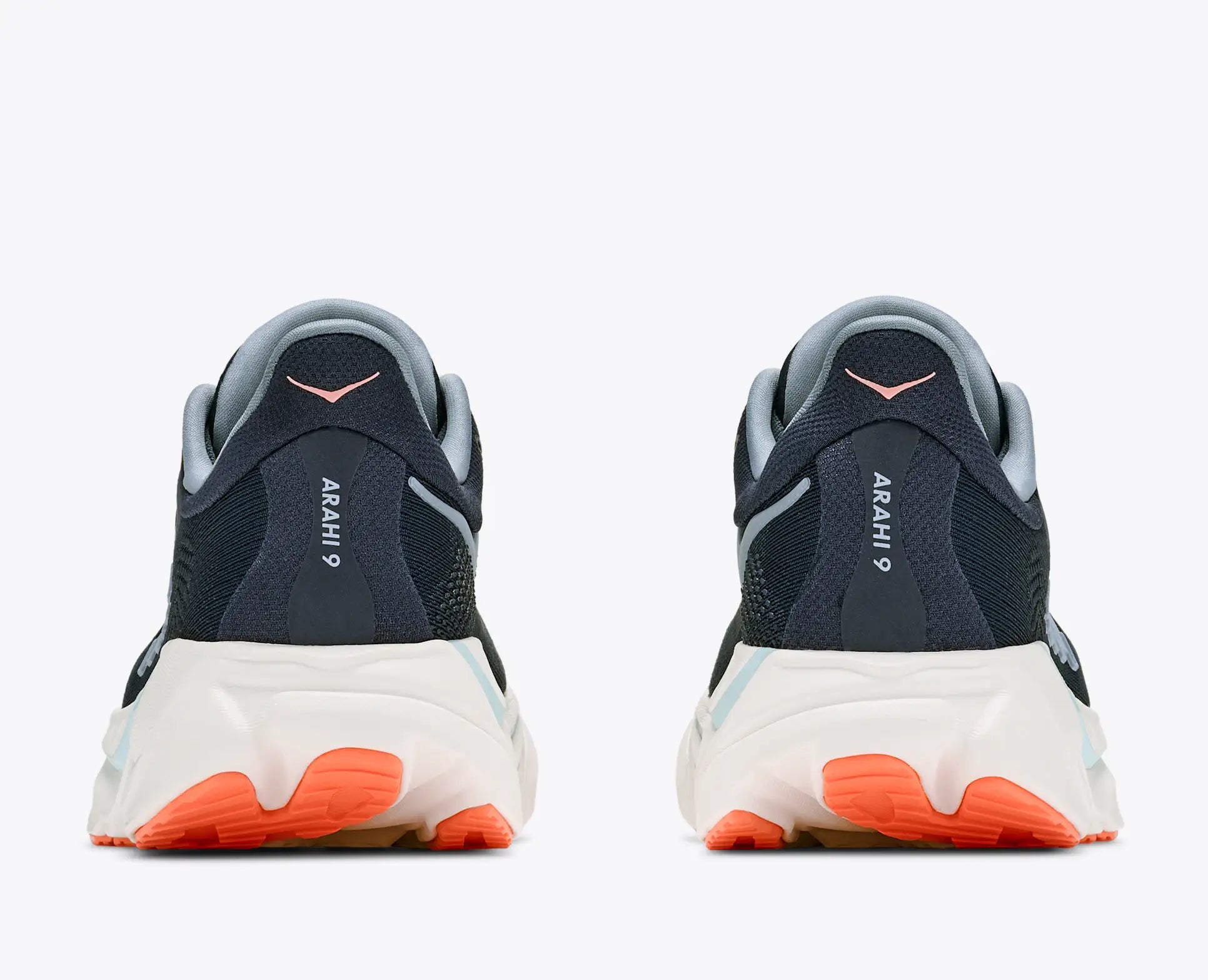 Hoka Arahi 9 Women's, super lightweight support running and walking shoe, navy shoe with light blue and orange details and white sole, heels of shoes