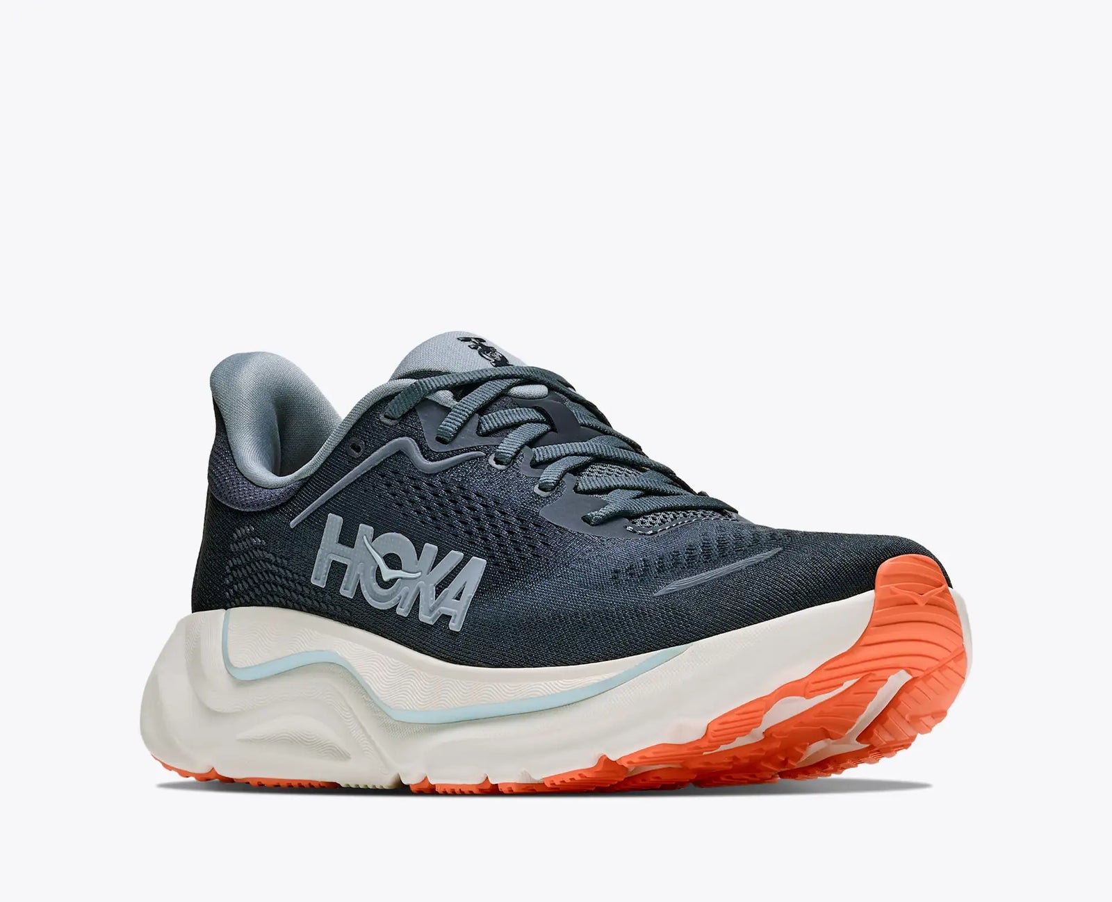 Hoka Arahi 9 Women's, super lightweight support running and walking shoe, navy shoe with light blue and orange details and white sole, angled profile of shoe