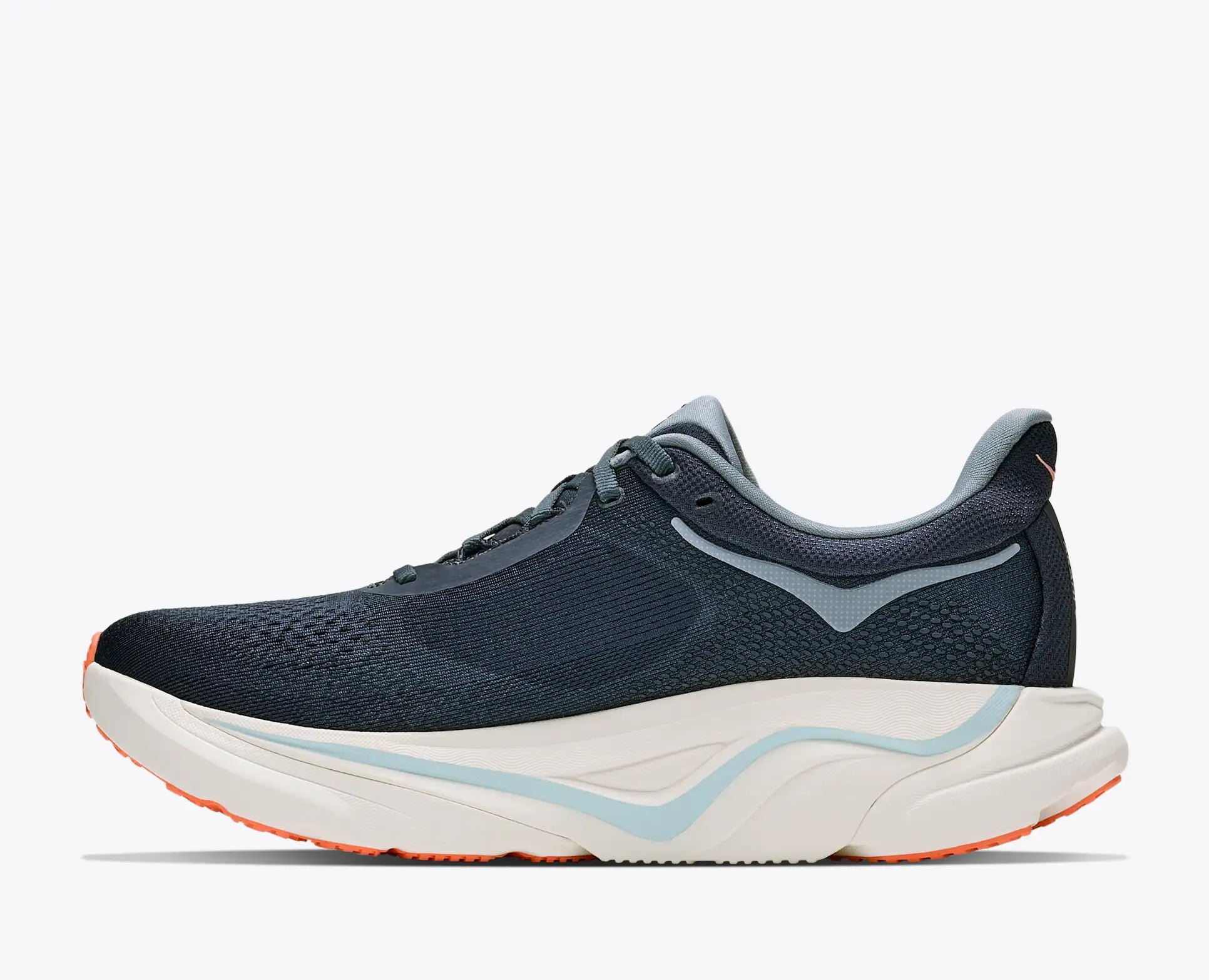 Hoka Arahi 9 Women's, super lightweight support running and walking shoe, navy shoe with light blue and orange details and white sole, inside profile of shoe