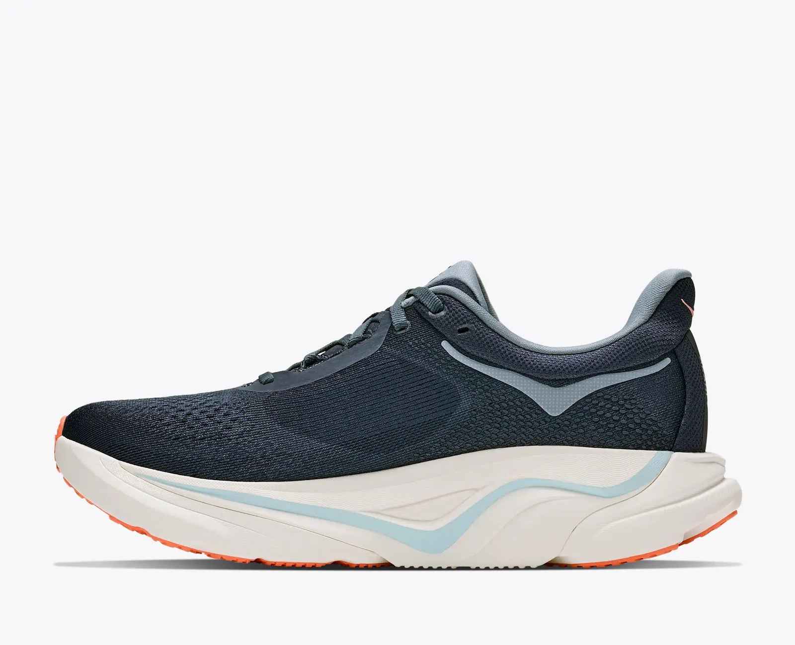 Hoka Arahi 9 Women's, super lightweight support running and walking shoe, navy shoe with light blue and orange details and white sole, inside profile of shoe