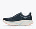 Hoka Arahi 9 Women's, super lightweight support running and walking shoe, navy shoe with light blue and orange details and white sole, inside profile of shoe